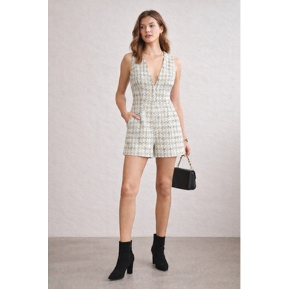 Mare Mare X Anthropologie Romper Womens M White Tweed V Neck Sleeveless Lined